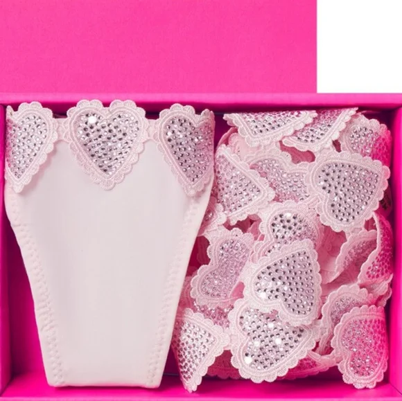 NIB SKIMS RARE Pink Cherry Blossom Rhinestone Crystal Heart Bralette Thong Set